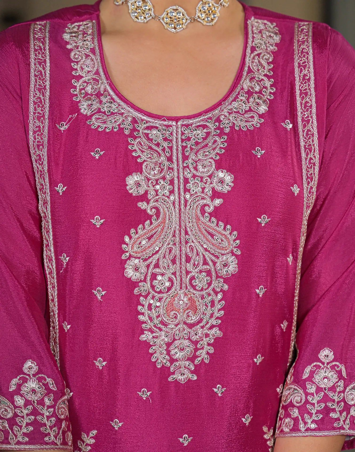Skylee Chiffon Embroidered Straight 3 Piece Kurta Set For Woman
