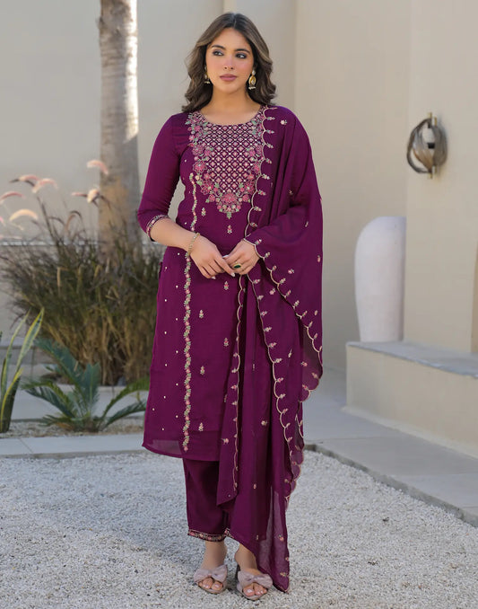Silk Embroidered Straight 3 Piece Kurta Set