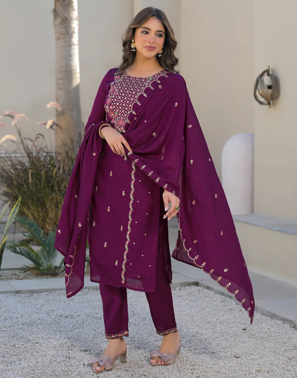 Skylee Silk Embroidered Straight 3 Piece Kurta Set For Woman