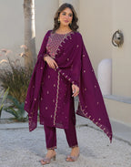 Skylee Silk Embroidered Straight 3 Piece Kurta Set For Woman