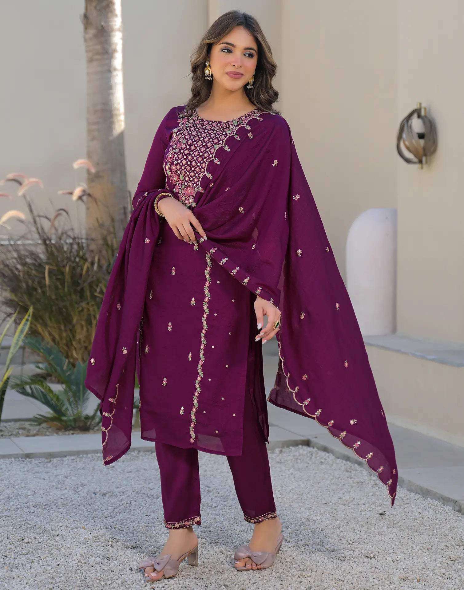 Skylee Silk Embroidered Straight 3 Piece Kurta Set For Woman