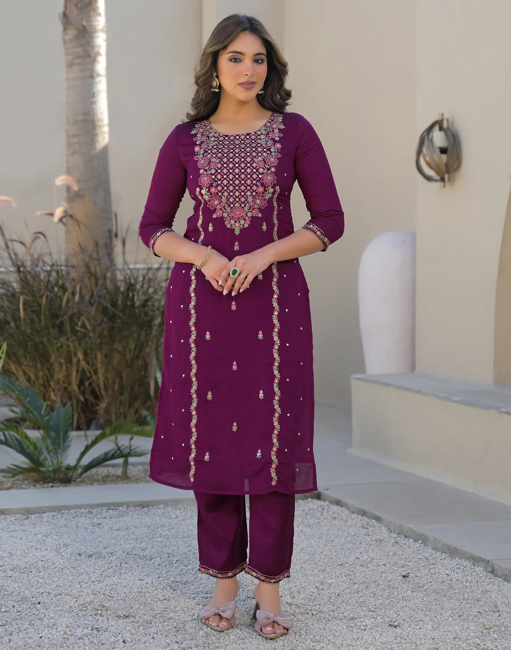 Skylee Silk Embroidered Straight 3 Piece Kurta Set For Woman