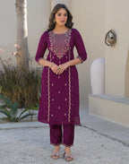 Skylee Silk Embroidered Straight 3 Piece Kurta Set For Woman