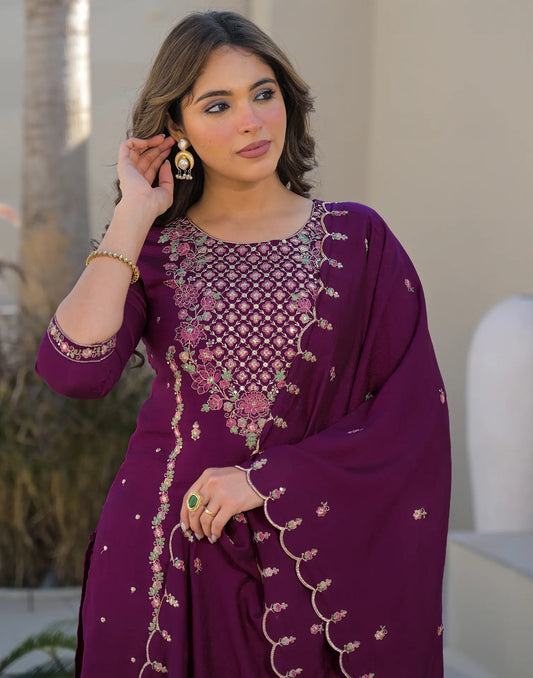 Silk Embroidered Straight 3 Piece Kurta Set