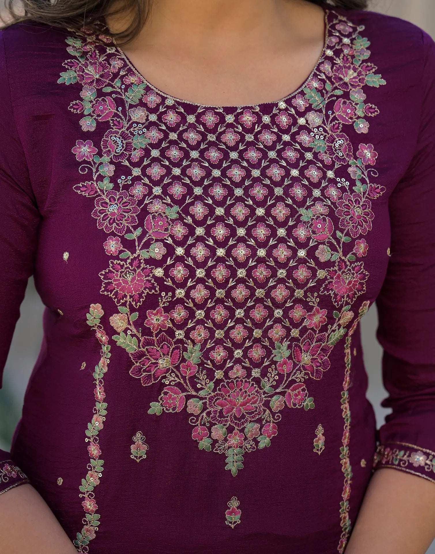 Skylee Silk Embroidered Straight 3 Piece Kurta Set For Woman