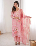 Skylee Linen Floral Print Straight 3 Piece Kurta Set For Woman