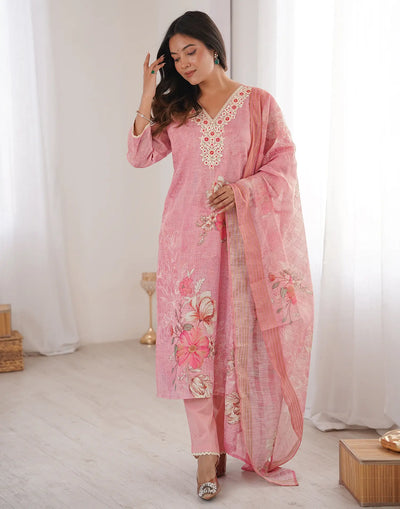 Linen Floral Print Straight 3 Piece Kurta Set