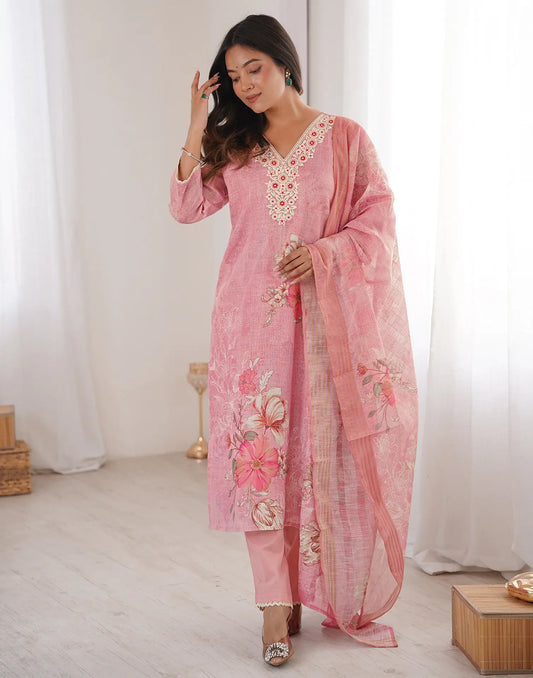 Soft Pink V-Neck Thread Embroidery with Decorative Detailing Straight 3 Piece Kurta Set with Floral Dupatta
