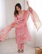 Skylee Linen Floral Print Straight 3 Piece Kurta Set For Woman