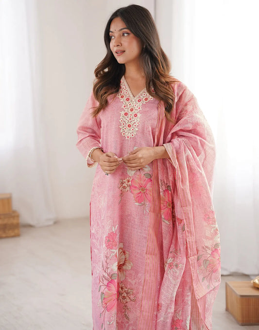Soft Pink V-Neck Thread Embroidery with Decorative Detailing Straight 3 Piece Kurta Set with Floral Dupatta