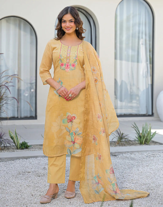 Linen Floral Print Straight 3 Piece Kurta Set