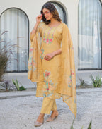 Skylee Linen Floral Print Straight 3 Piece Kurta Set For Woman