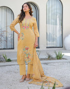 Skylee Linen Floral Print Straight 3 Piece Kurta Set For Woman