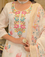 Skylee Linen Printed Straight 3 Piece Kurta Set For Woman