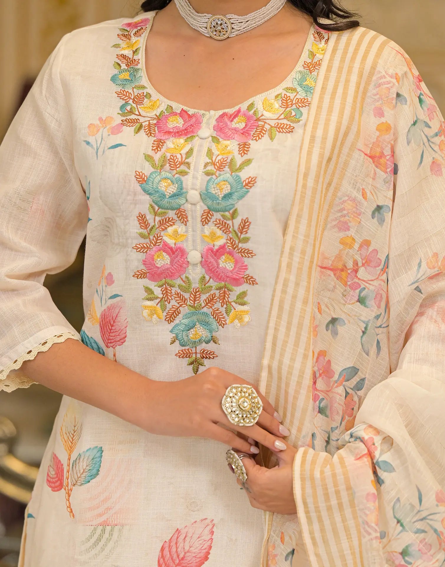 Skylee Linen Printed Straight 3 Piece Kurta Set For Woman
