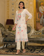 Skylee Linen Printed Straight 3 Piece Kurta Set For Woman
