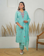 Skylee Cotton Embroidered Straight 3 Piece Kurta Set For Woman