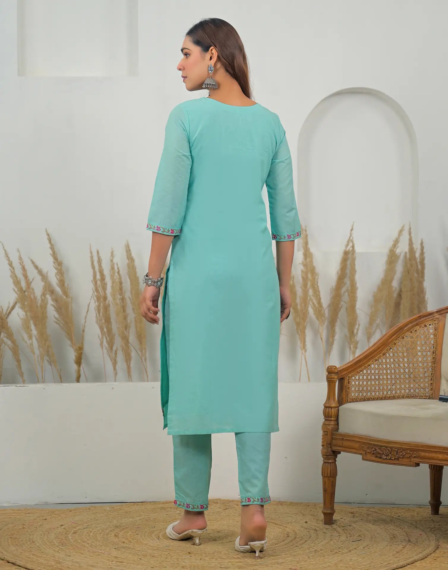 Skylee Cotton Embroidered Straight 3 Piece Kurta Set For Woman