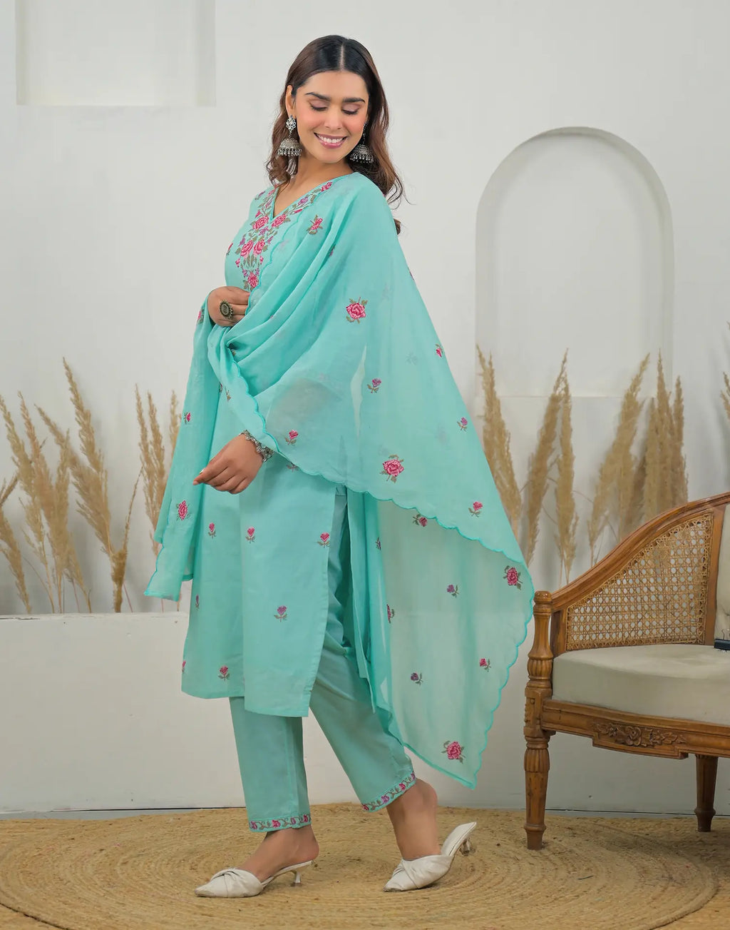 Skylee Cotton Embroidered Straight 3 Piece Kurta Set For Woman