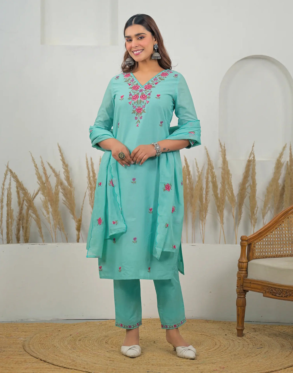 Skylee Cotton Embroidered Straight 3 Piece Kurta Set For Woman