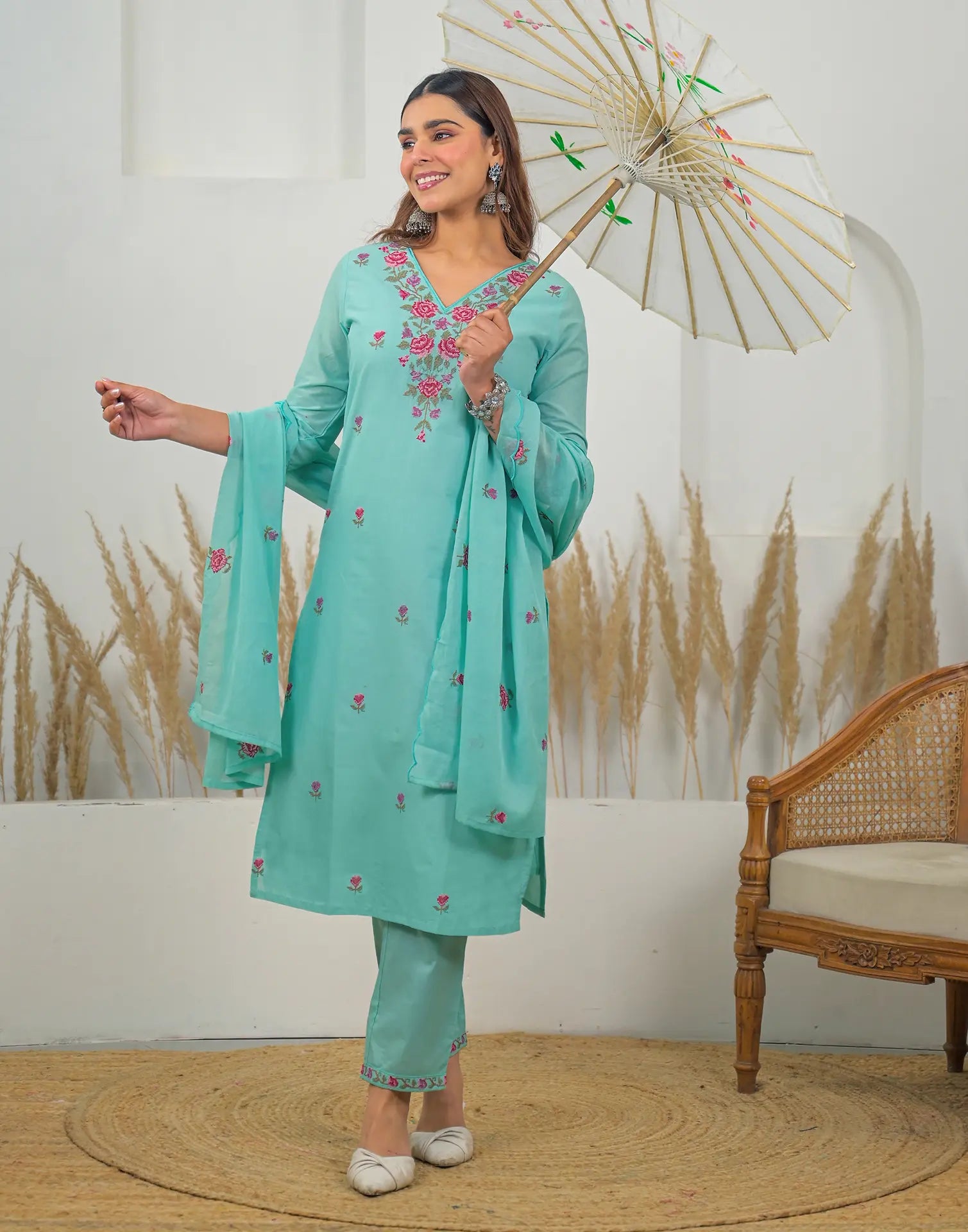 Skylee Cotton Embroidered Straight 3 Piece Kurta Set For Woman