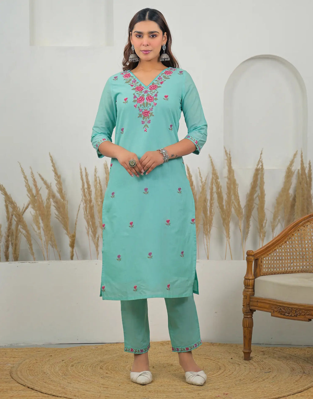 Skylee Cotton Embroidered Straight 3 Piece Kurta Set For Woman