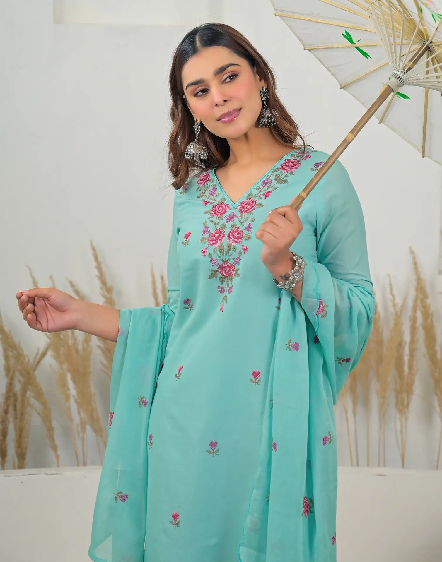 Skylee Cotton Embroidered Straight 3 Piece Kurta Set For Woman