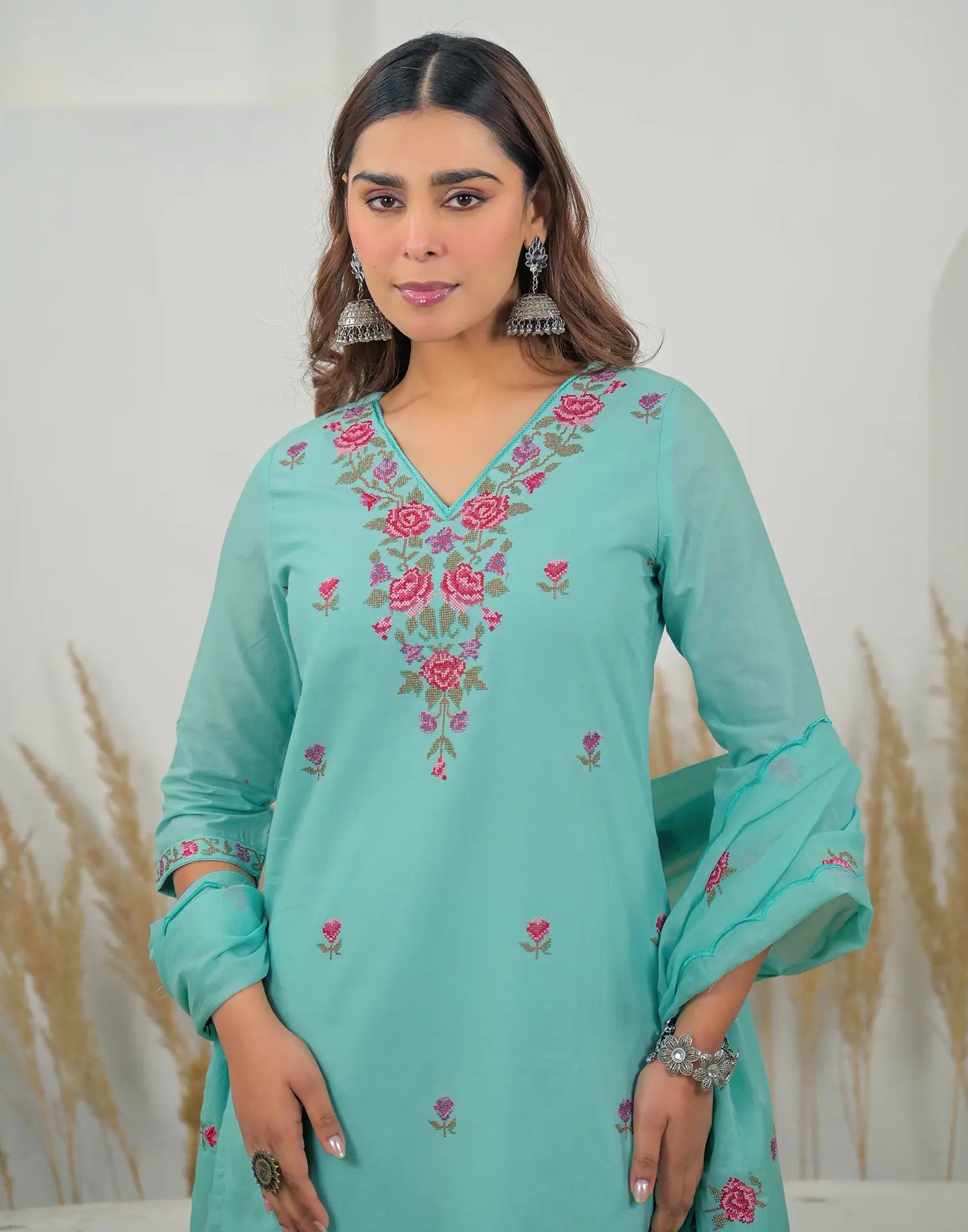 Skylee Cotton Embroidered Straight 3 Piece Kurta Set For Woman