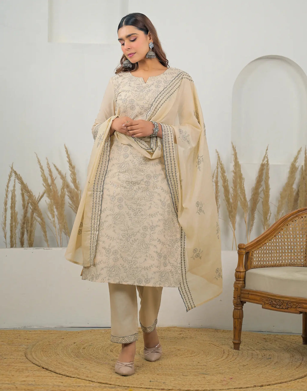 Skylee Cotton Embroidered Straight 3 Piece Kurta Set For Woman