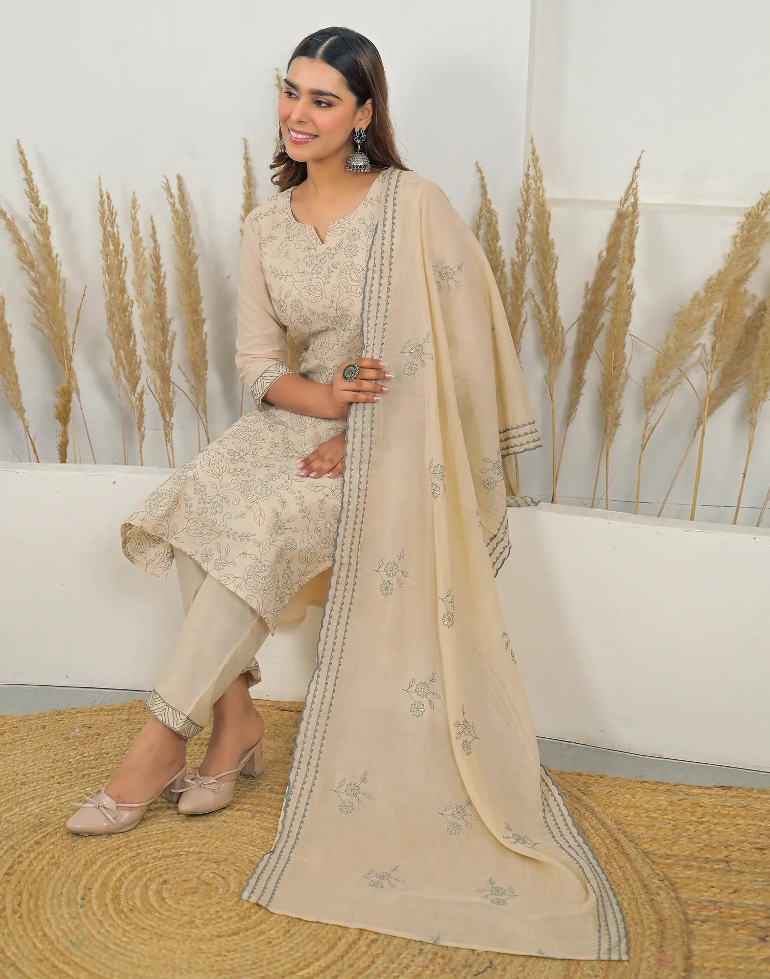 Skylee Cotton Embroidered Straight 3 Piece Kurta Set For Woman