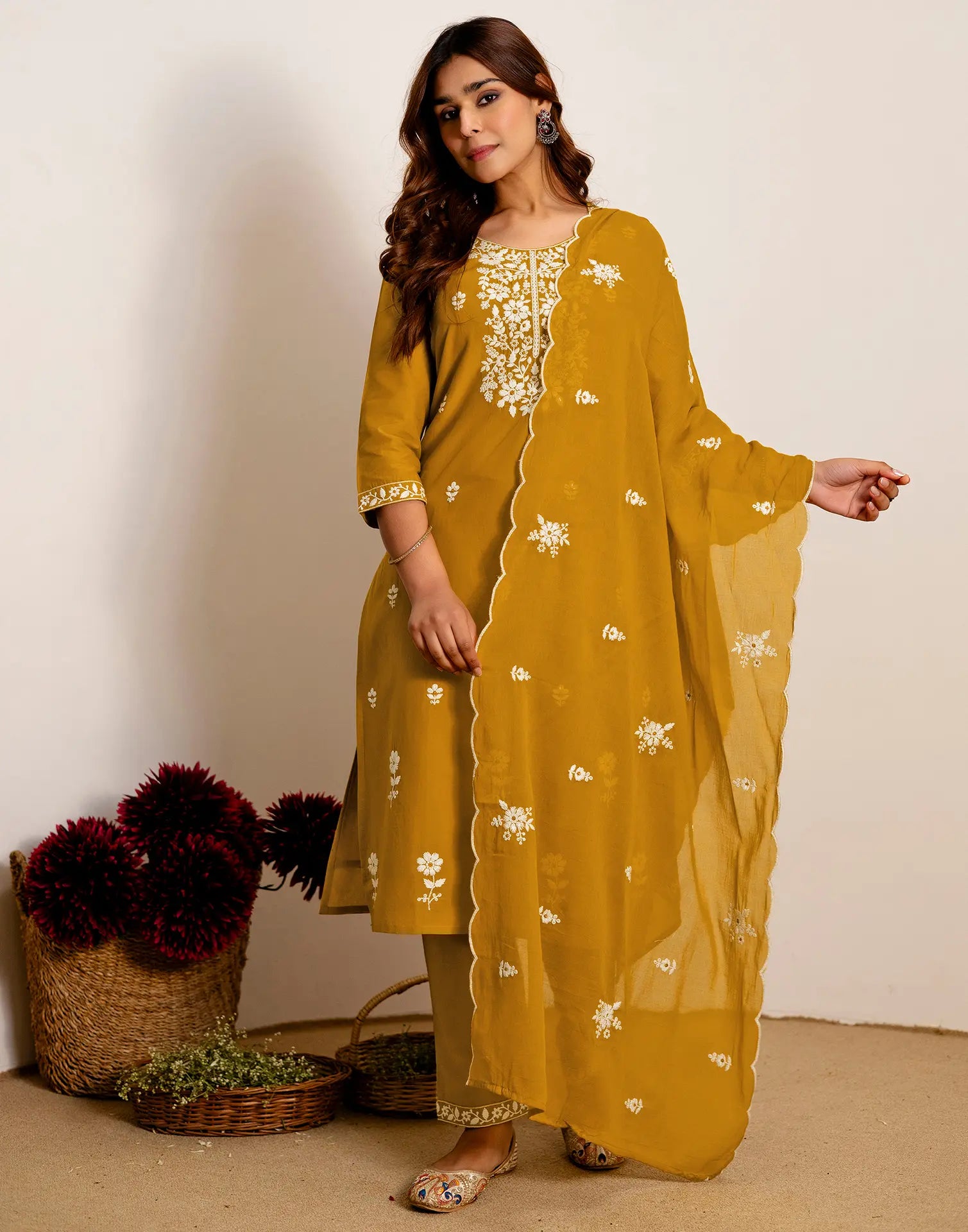 Skylee Cotton Embroidered Straight 3 Piece Kurta Set For Woman