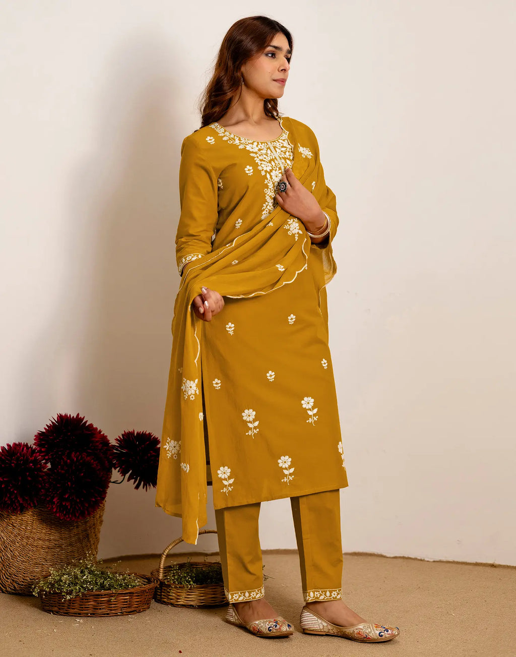 Skylee Cotton Embroidered Straight 3 Piece Kurta Set For Woman