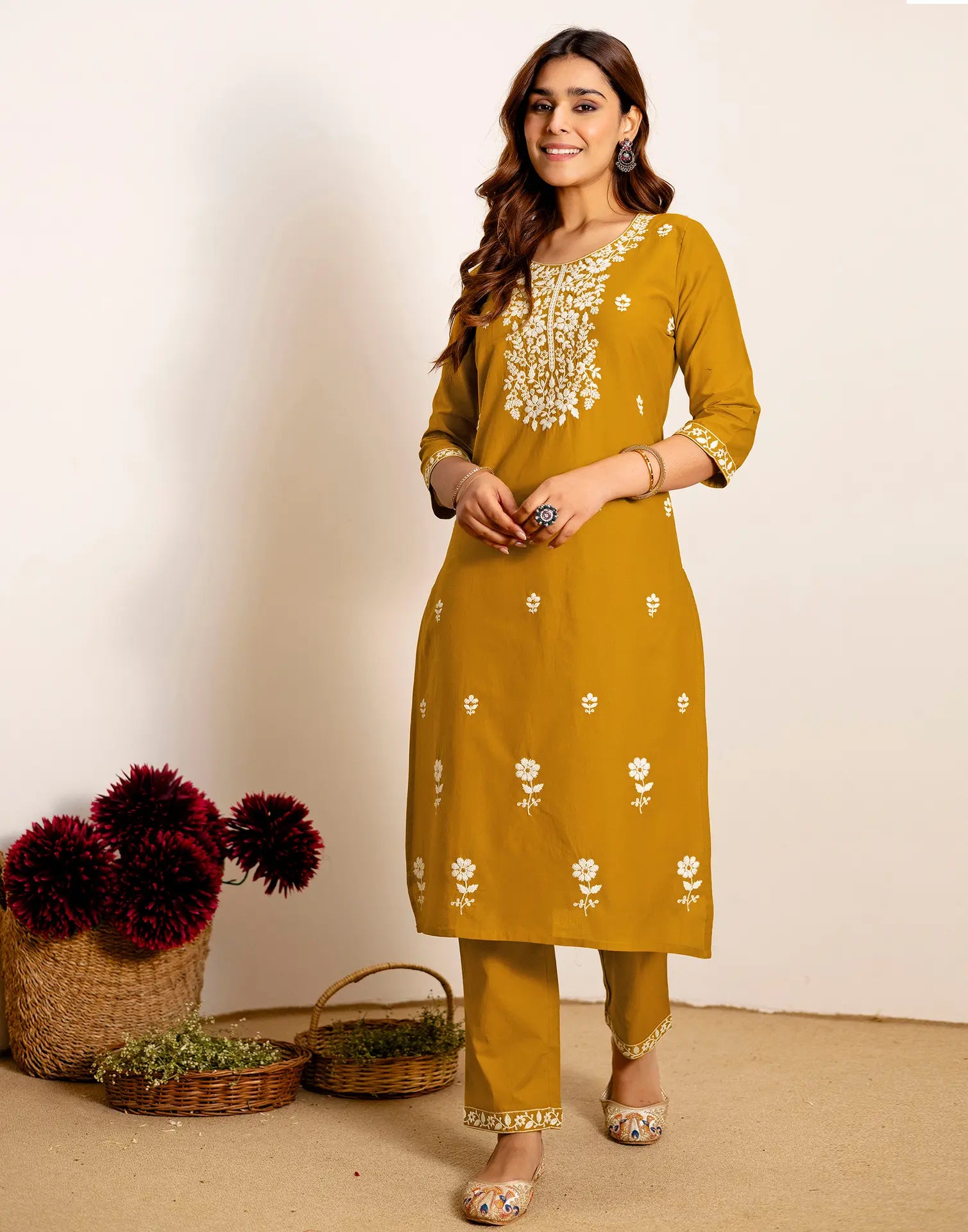 Skylee Cotton Embroidered Straight 3 Piece Kurta Set For Woman