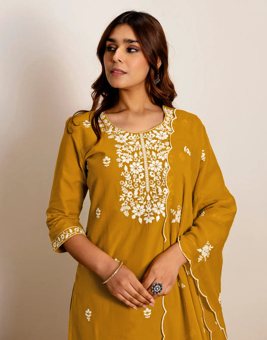 Cotton Embroidered Straight 3 Piece Kurta Set