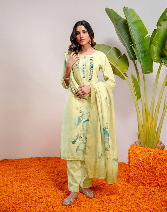 Light Pastel Green Round Neck Thread Embroidery with Decorative Detail Straight 3 Piece Kurta Set with Printed Dupatta