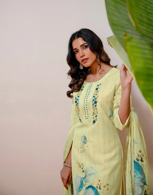 Light Pastel Green Round Neck Thread Embroidery with Decorative Detail Straight 3 Piece Kurta Set with Printed Dupatta