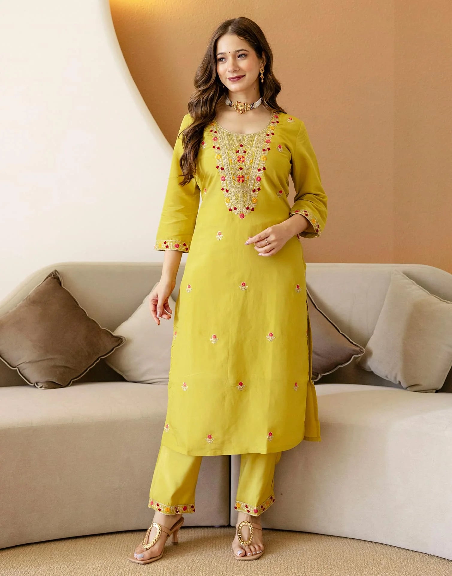 Yellow Silk Embroidered Straight Kurta Set with Pant & Dupatta for Women under 1299