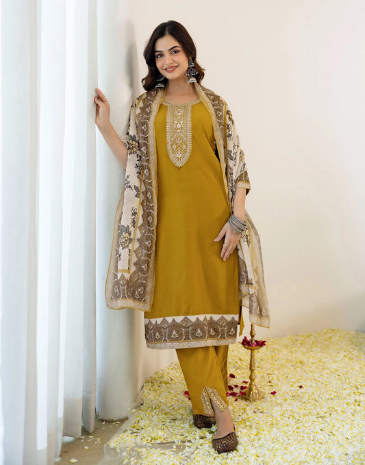 Mustard Notched Round Neck Floral Embroidery & Printed Dupatta Straight 3 Piece Kurta Set With Dupatta