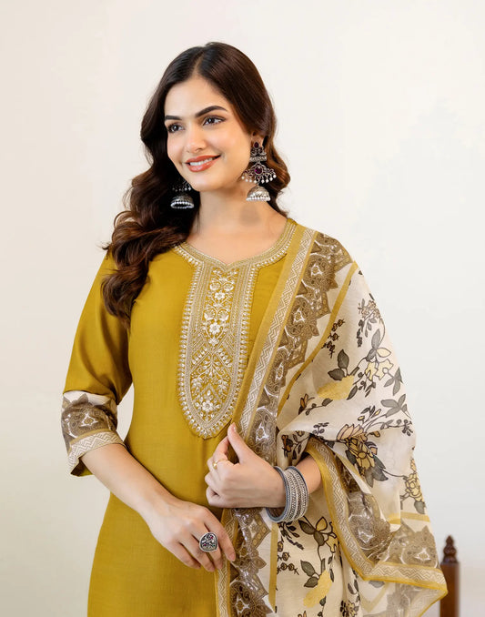 Mustard Notched Round Neck Floral Embroidery & Printed Dupatta Straight 3 Piece Kurta Set With Dupatta