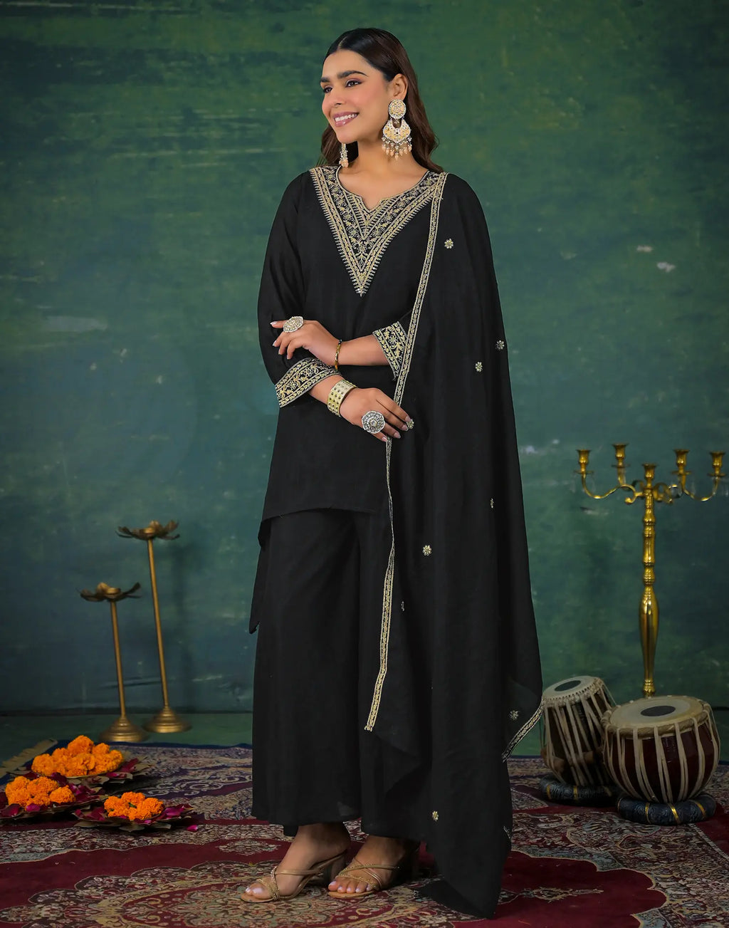 Skylee Chinnon Sequins Work Straight 3 Piece Kurta Set For Woman