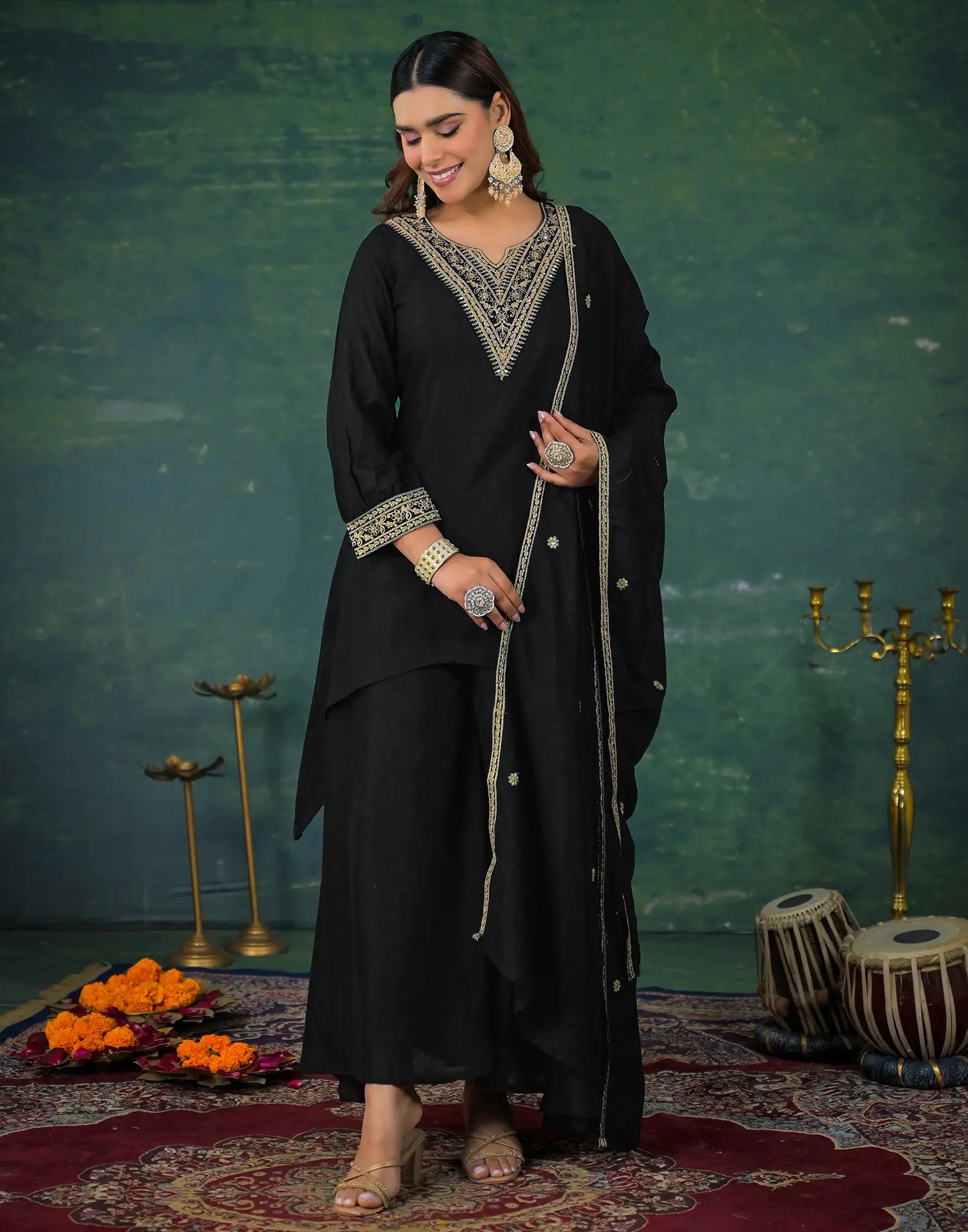 Skylee Chinnon Sequins Work Straight 3 Piece Kurta Set For Woman