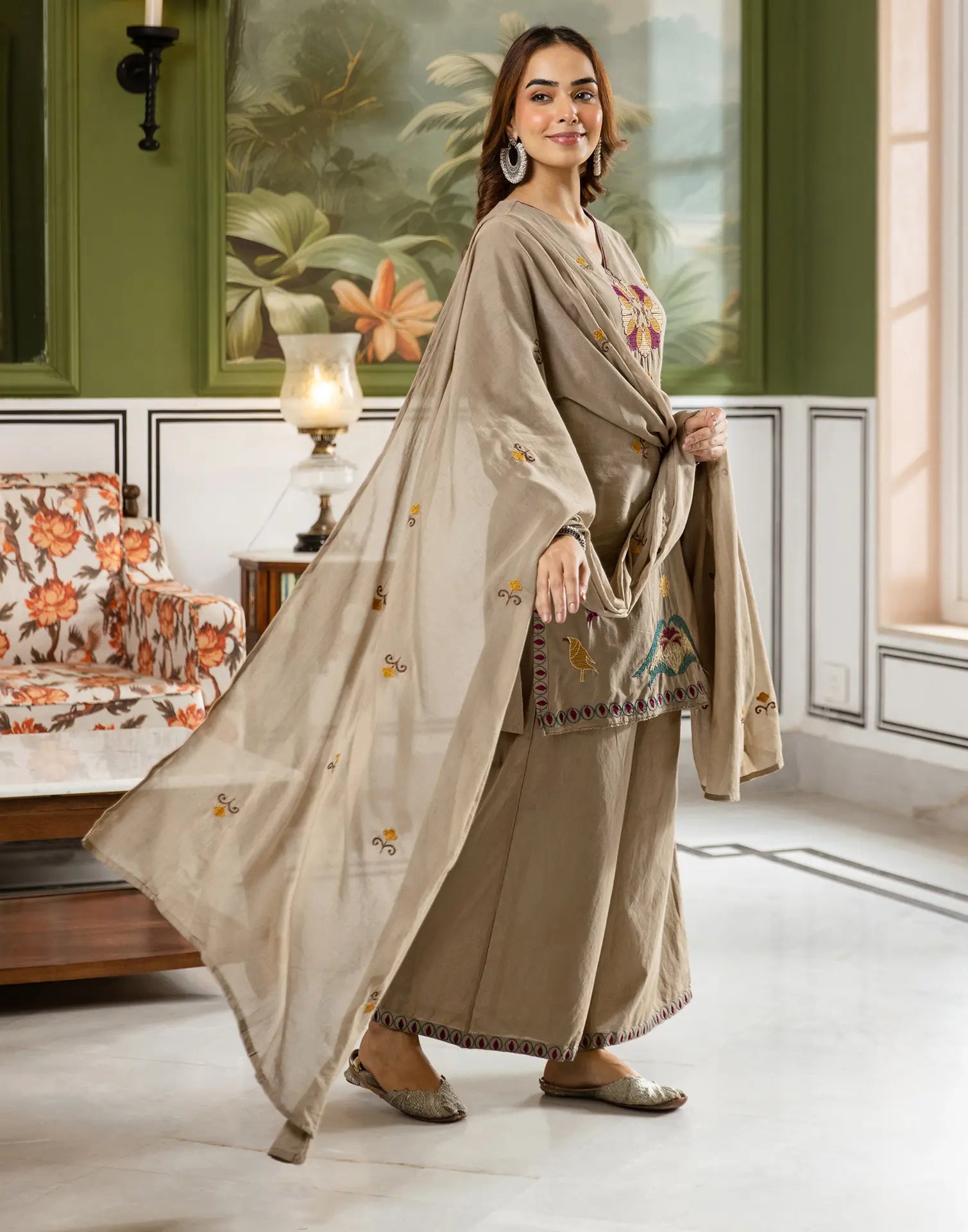 Skylee Cotton Embroidered Straight 3 Piece Kurta Set For Woman