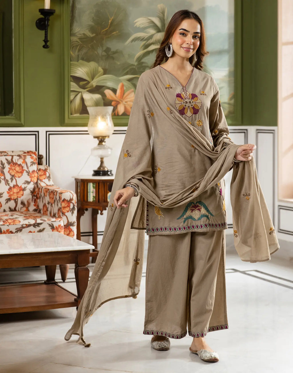 Skylee Cotton Embroidered Straight 3 Piece Kurta Set For Woman