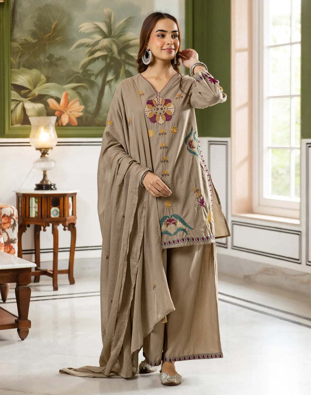 Skylee Cotton Embroidered Straight 3 Piece Kurta Set For Woman