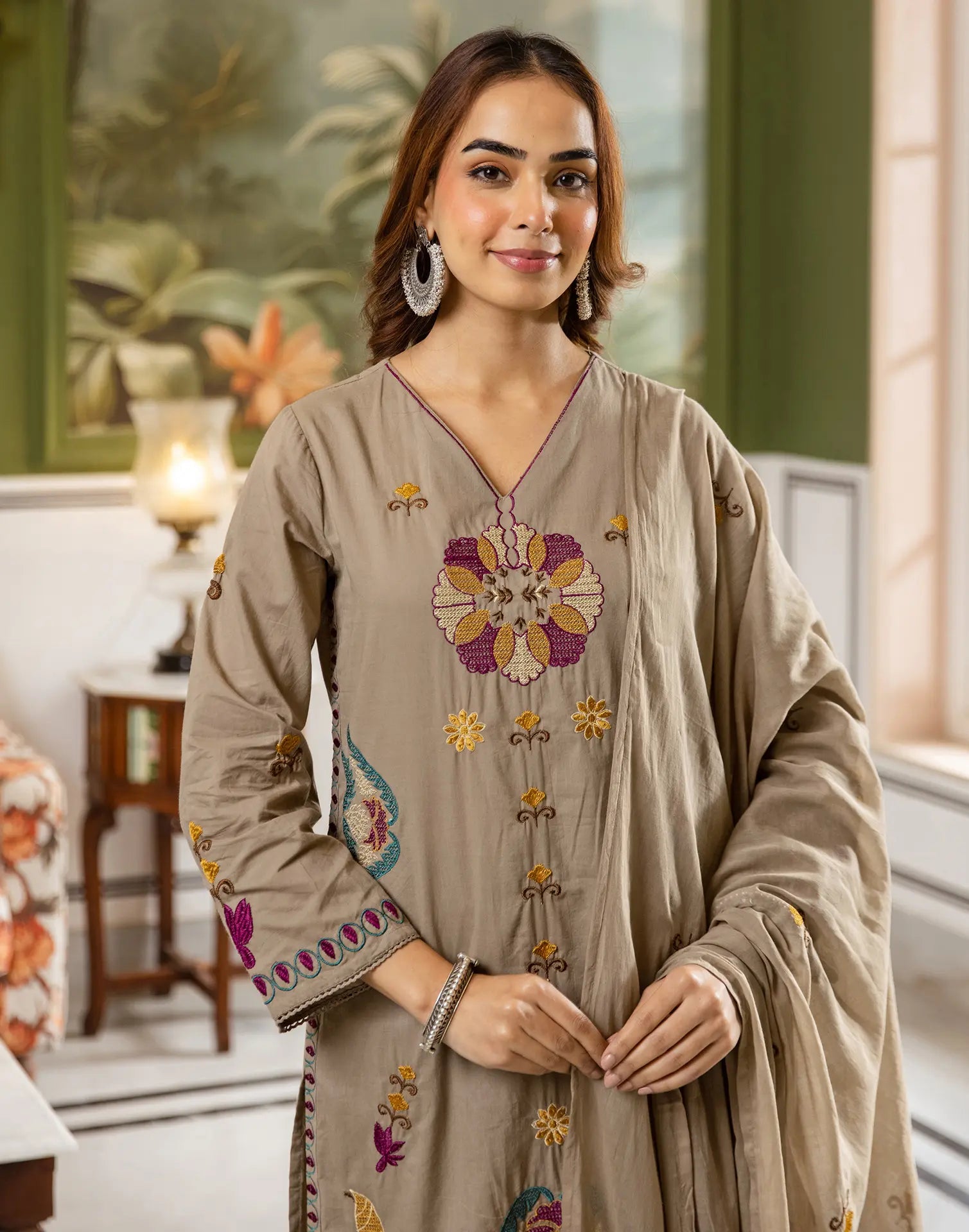 Skylee Cotton Embroidered Straight 3 Piece Kurta Set For Woman