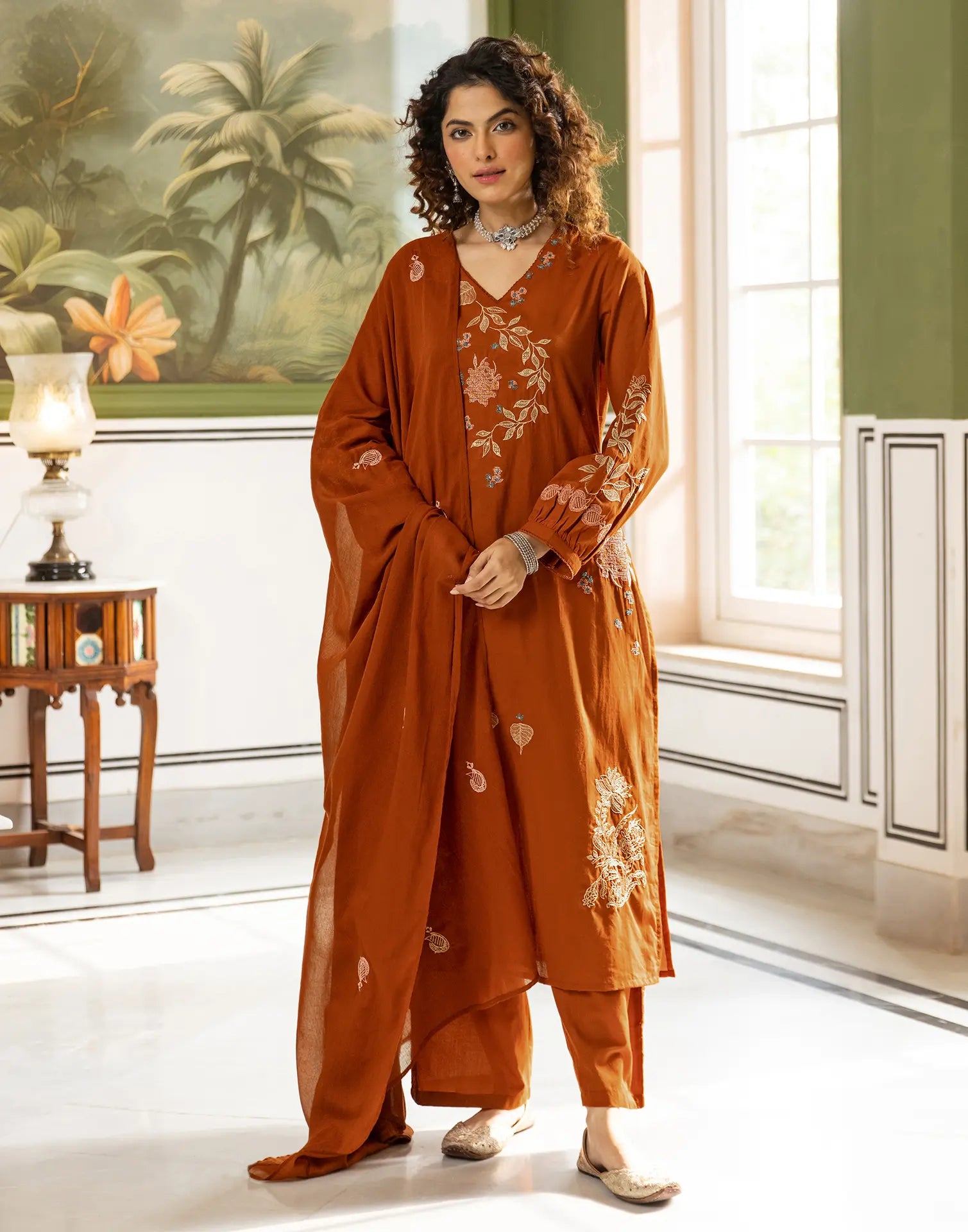 Skylee Cotton Embroidered Straight 3 Piece Kurta Set For Woman