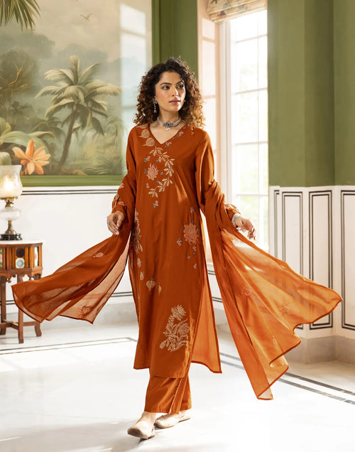 Cotton Embroidered Straight 3 Piece Kurta Set