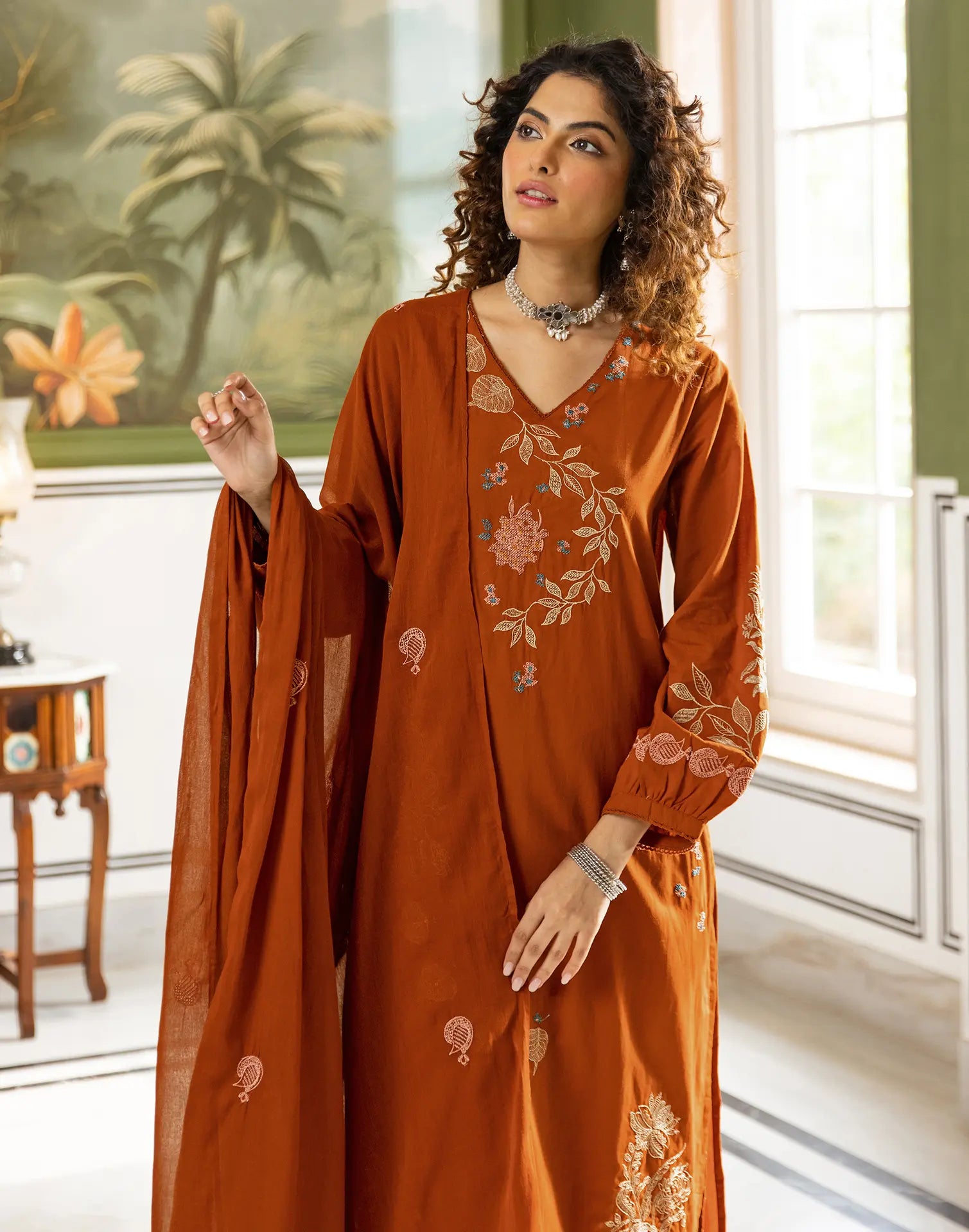 Skylee Cotton Embroidered Straight 3 Piece Kurta Set For Woman