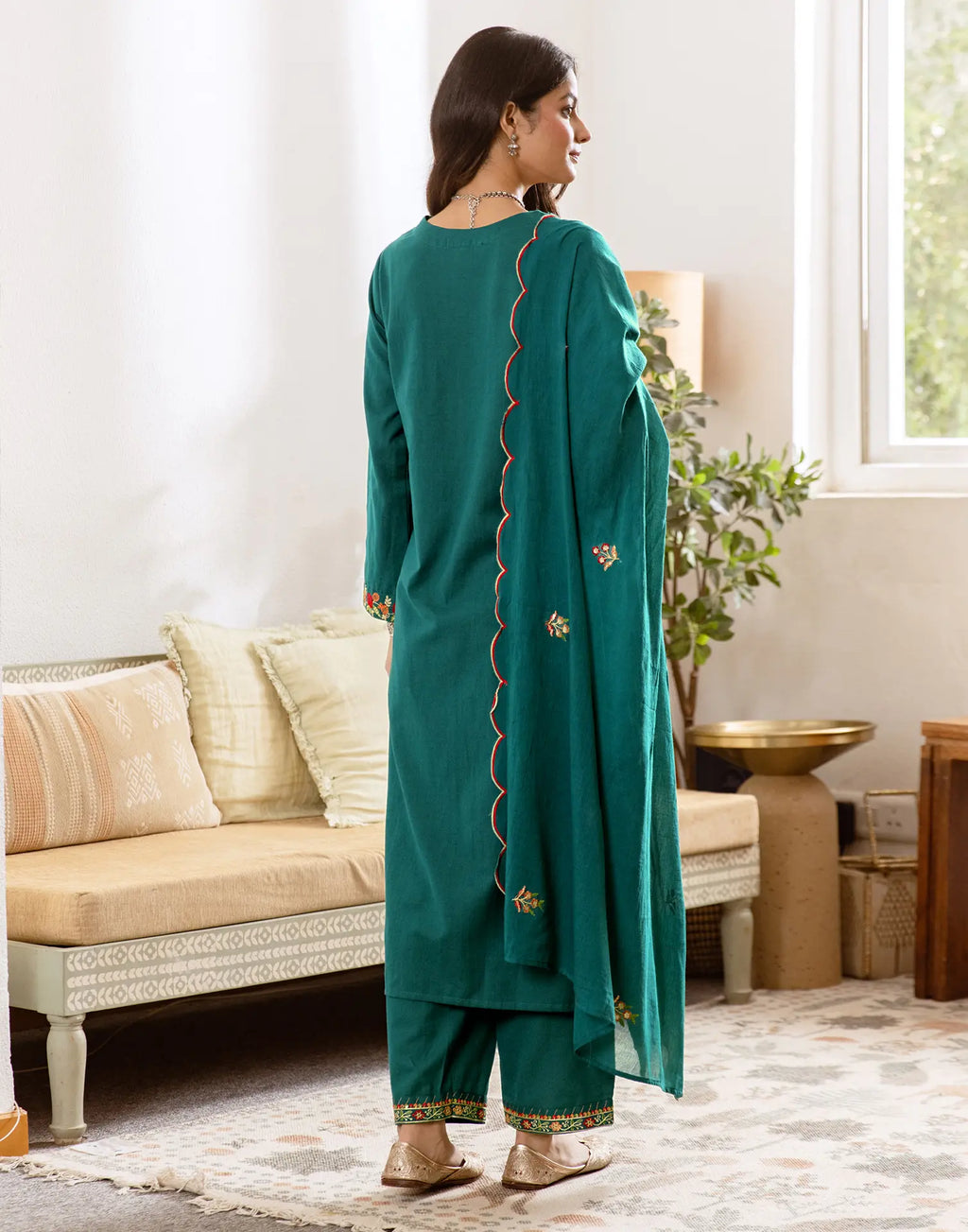 Skylee Cotton Embroidered Straight 3 Piece Kurta Set For Woman