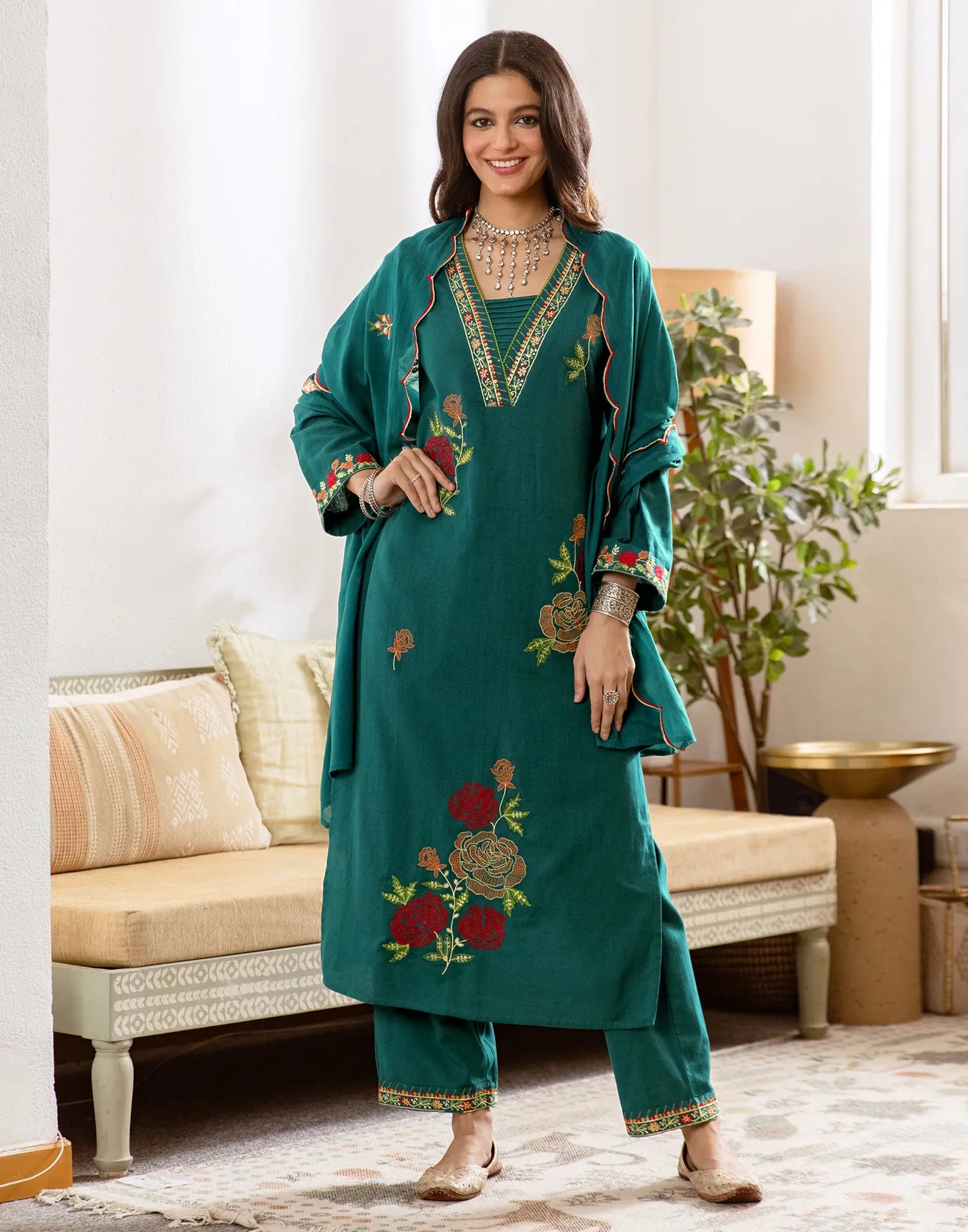 Skylee Cotton Embroidered Straight 3 Piece Kurta Set For Woman